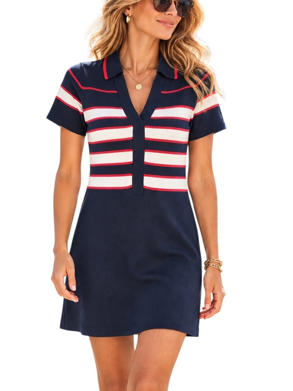 Tuckernuck Polo Dress S Navy Red White Striped Knit Mini Preppy Nuatical Coastal